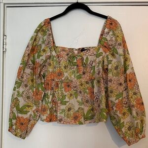 Floral Square-Neck Puff Sleeve Blouse - Orange & Green